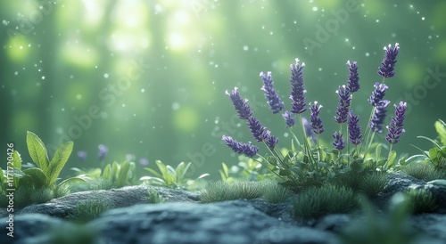 Morning light illuminates blooming wildflowers in a lush green meadow during ...