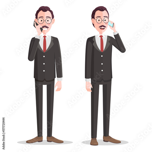 Cartoon Businessman Character Answering Phone Call. Businessman Talking on Smartphone and Smiling, Front and Side view , Isolated Vector Illustration