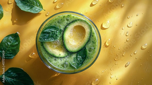Refreshing green smoothie with avocado and spinach on vibrant yellow background