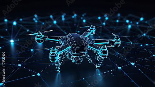 Futuristic Drone Technology Abstract. Digital wireframe of drones flying, blue neon glow. olygonal low poly background with connecting dots and lines. Futuristic digital low poly 3d drone flying. photo