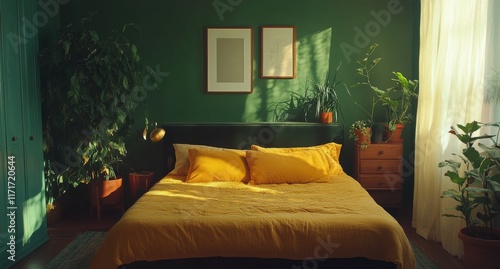 Cozy green bedroom filled with plants and vibrant yellow bedding near a large...