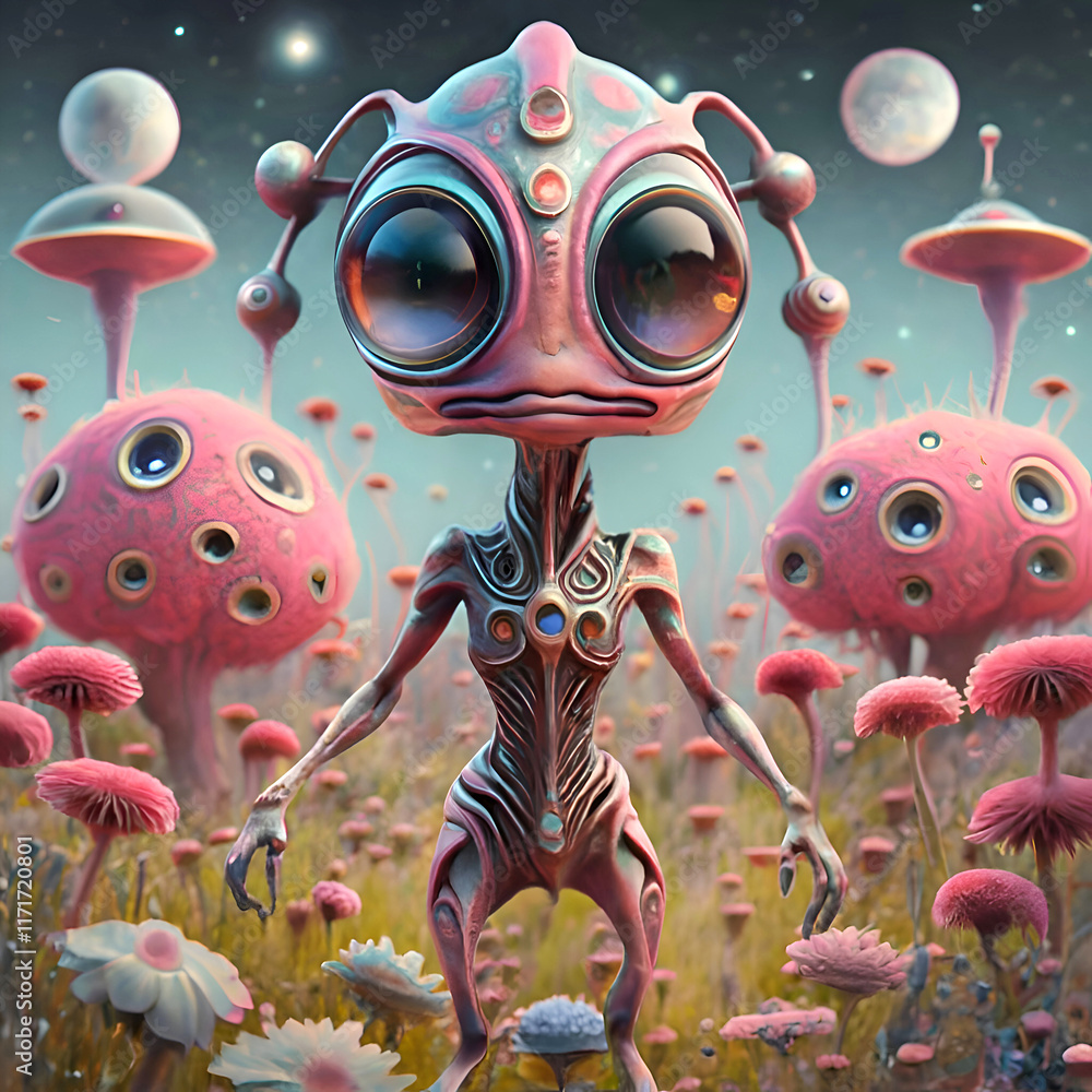 funny alien with expressive huge eyes posing around soft pink extraterrestrial blossom flowers. close up. Digital artwork. Ai generated