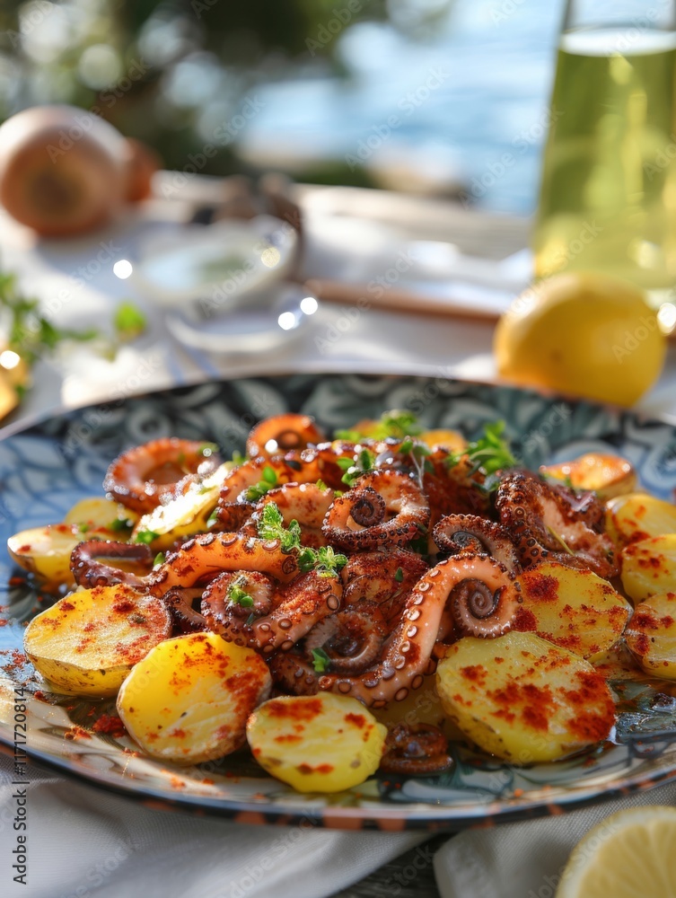 Octopus and sliced potatoes are arranged on a decorative plate, garnished with herbs and spices. Concept of gourmet seafood cuisine. For food photography. Octopus and sliced potatoes are arranged on a decorative plate, garnished with herbs and spices. Concept of gourmet seafood cuisine. For food photography.