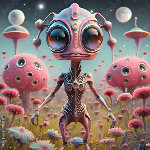 Obraz na płótnie funny alien with expressive huge eyes posing around soft pink extraterrestrial blossom flowers. close up. Digital artwork. Ai generated w salonie