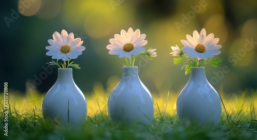 Elegant white vases with daisies arranged in a lush green garden during daylight