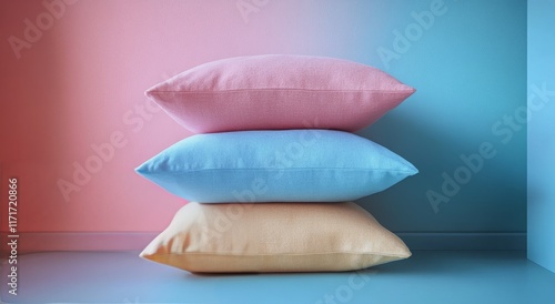 Soft pastel pillows arranged on a light surface against a pink background in ...