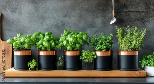 Lively herb garden with basil, thyme, and rosemary in decorative pots on wood...