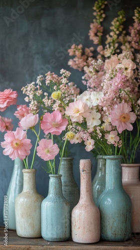 Colorful flowers arranged in vintage vases displayed against a dark background