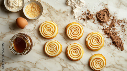 Delightful flat lay of pinwheel cookies with baking ingredients like flour, egg, and cocoa powder, showcasing creative baking process photo