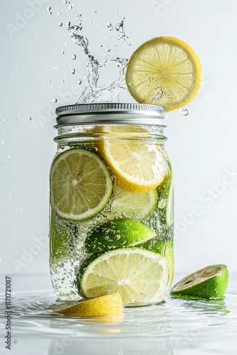 Splashing citrus fruits in jar filled with water and ice on clear background
