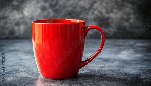 Bright red coffee mug resting on a wooden table with a textured backdrop emph...