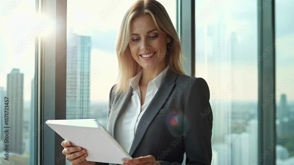 Professional woman in a modern office, standing confidently by a large window with city views, holding and reviewing documents. Woman in a business suit holding a piece of paper. She is smiling Professional woman in a modern office, standing confidently by a large window with city views, holding and reviewing documents. Woman in a business suit holding a piece of paper. She is smiling