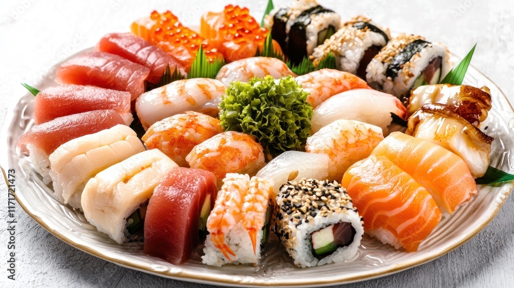A beautifully arranged platter of assorted sushi and sashimi. A beautifully arranged platter of assorted sushi and sashimi.