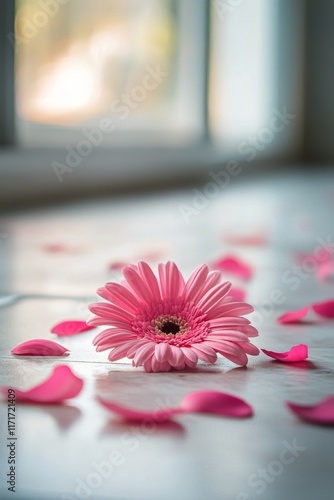 Pink gerbera flower surrounded by petals on white surface near a window in na...