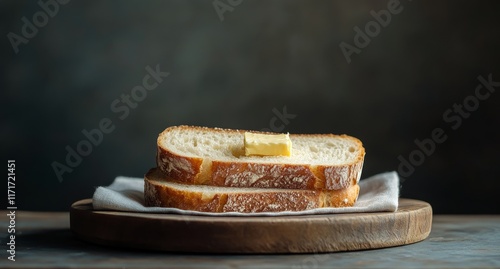 Freshly baked bread with butter served on a wooden platter
