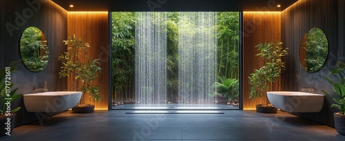 Modern spa interior with elegant design and tranquil waterfall in a lush gree...