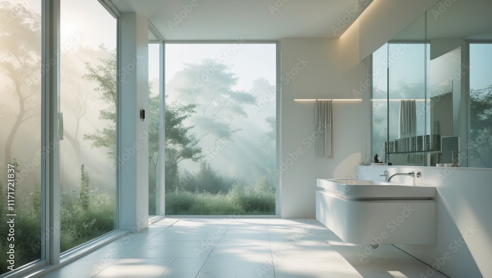 Fototapeta premium Contemporary bathroom overlooking serene nature through windows