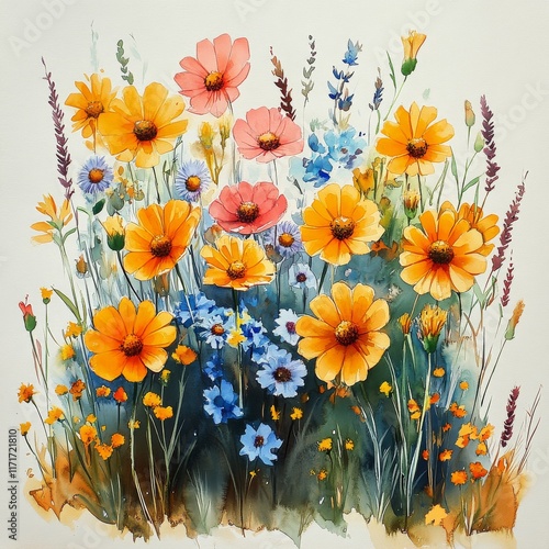 Vibrant wildflowers bloom in a colorful watercolor garden during a sunny day ...