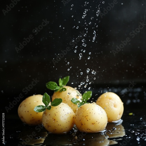 Fresh potatoes splash with water in a dark setting, showcasing natural beauty...