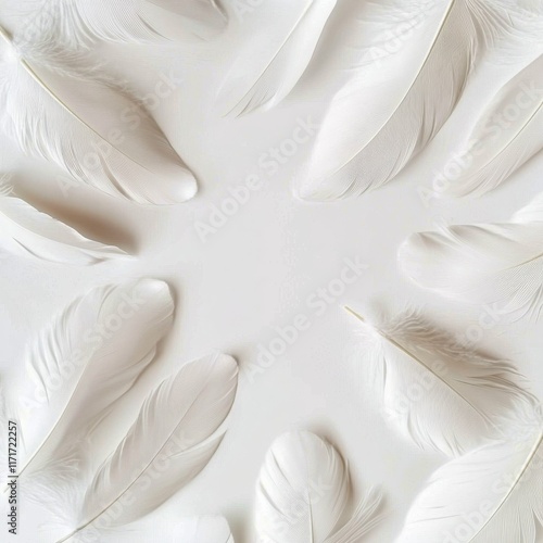 White feathers arranged on a flat surface creating a soft and elegant design ...