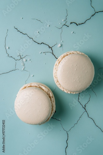 Blue macarons arranged on a pastel surface creating a visually appealing dess...