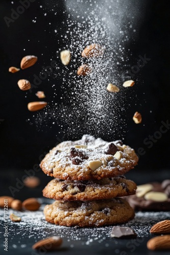 Delicious cookies topped with powdered sugar and almonds during a baking sess...