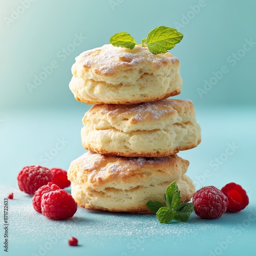 Fluffy biscuits stacked with fresh raspberries and mint on a blue background
