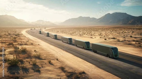 Autonomous trucks convoy on desert highway at sunset.