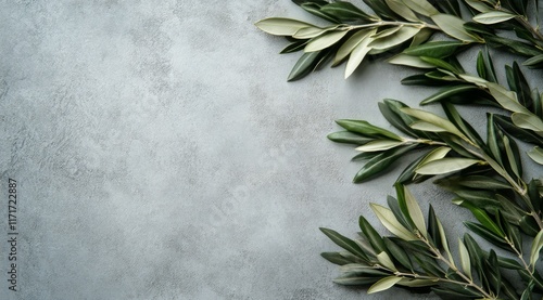 Olive branches arranged on a textured gray background for decoration and culi...