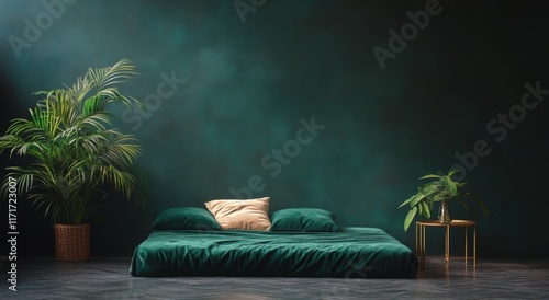 Luxurious green bedroom interior with tropical plants and natural lighting