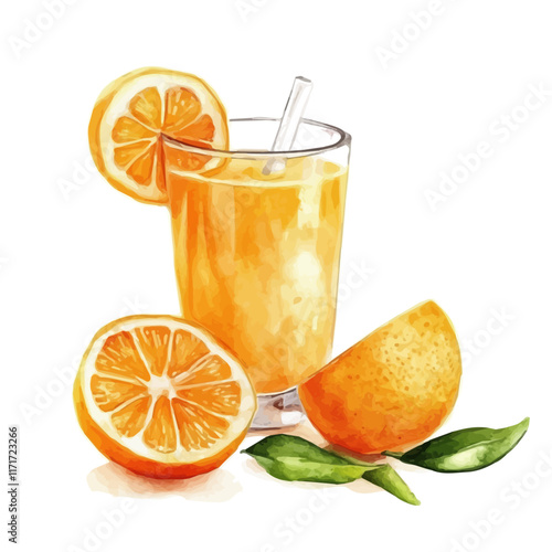 A watercolor vector painting of a glass of tangerine juice, isolated on a white background. Tangerine Juice vector.

