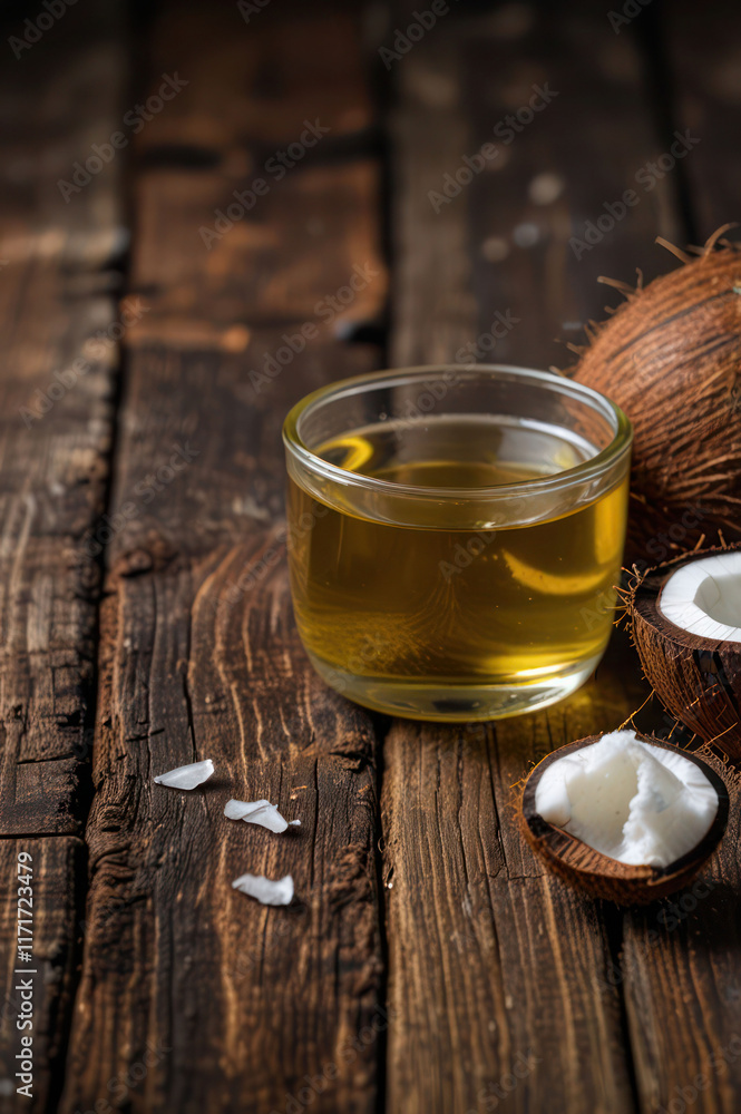 Close up of a coconut oil on old wooden background Close up of a coconut oil on old wooden background