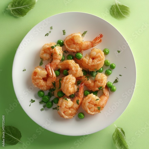 Delicious grilled shrimp served on a platter with fresh green peas and herbs ...