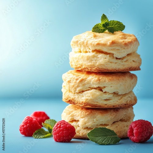 Fluffy biscuits stacked with fresh raspberries and mint on a blue background