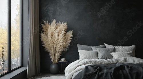 Cozy, modern bedroom with neutral tones and pampas grass by the window