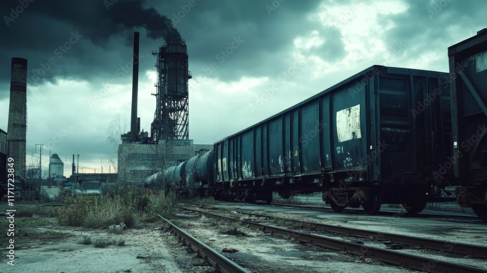 Fototapeta premium Dark, ominous industrial landscape with train and smoke-belching factory under stormy sky.