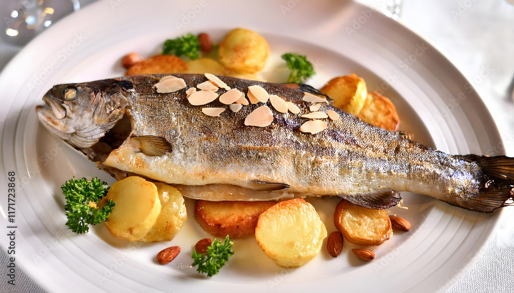 fisch, ganze, forelle, müllerin, art, deutsch, fischessen, neu, gericht, mit, kartoffeln, aschermittwoch, mandel, splitter, nüsse, essen, teller, abendessen, mahl, gegrillt, sauce, soße, ad, foto, 3d fisch, ganze, forelle, müllerin, art, deutsch, fischessen, neu, gericht, mit, kartoffeln, aschermittwoch, mandel, splitter, nüsse, essen, teller, abendessen, mahl, gegrillt, sauce, soße, ad, foto, 3d