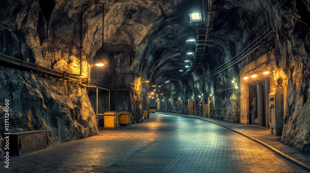 Dark, lit tunnel carved into rock with industrial elements. Dark, lit tunnel carved into rock with industrial elements.