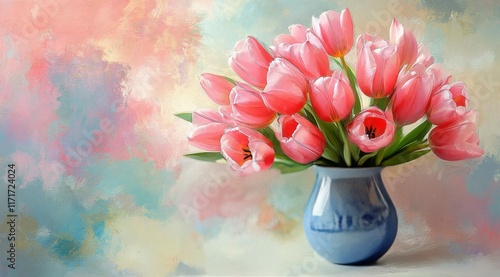 Beautiful arrangement of pink tulips in a blue vase on a pastel background