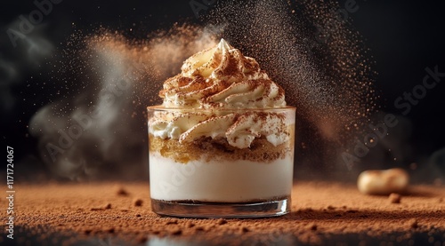 Indulgent dessert topped with creamy swirl and cocoa dust in a glass on dark ...