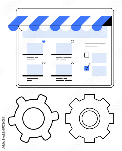 Digital storefront interface with product thumbnails, blue awning, and gears symbolizing system optimization. Ideal for e-commerce, online shopping, business, technology, automation, management