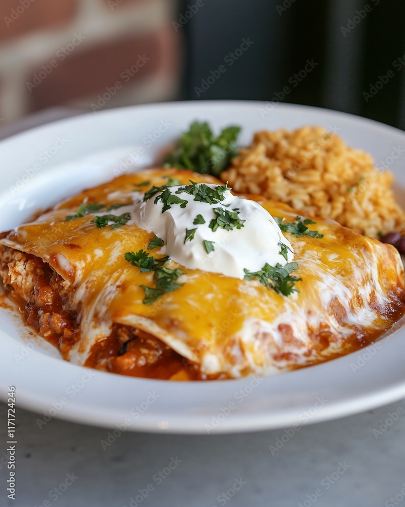 Delicious cheese enchiladas with sour cream, rice, and beans served on a white plate. Delicious cheese enchiladas with sour cream, rice, and beans served on a white plate.