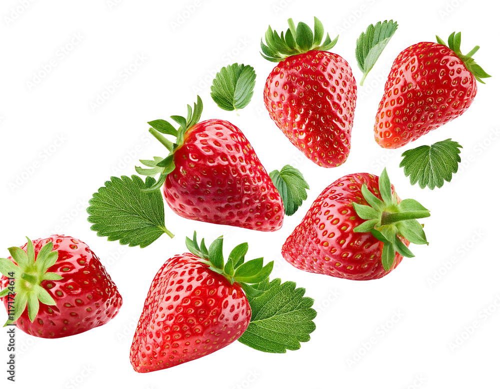 Falling strawberries isolated on white background, cutout Falling strawberries isolated on white background, cutout