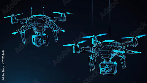 Futuristic Drone Technology Abstract. Digital wireframe of drones flying, blue neon glow. olygonal low poly background with connecting dots and lines. Futuristic digital low poly 3d drone flying.