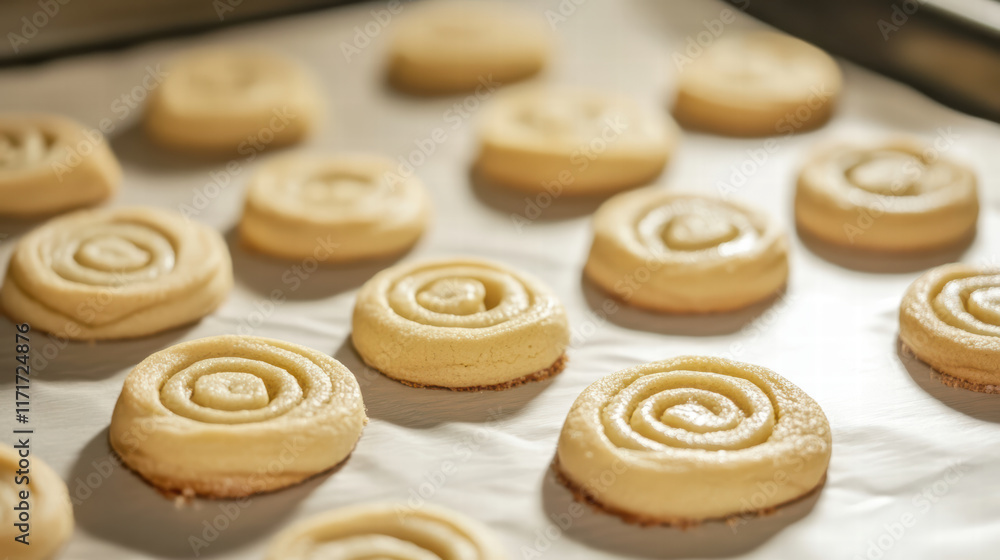 Freshly prepared pinwheel cookies on baking sheet, ready to be baked. dough is rolled into spirals, showcasing delightful pattern that promises tasty treat Freshly prepared pinwheel cookies on baking sheet, ready to be baked. dough is rolled into spirals, showcasing delightful pattern that promises tasty treat