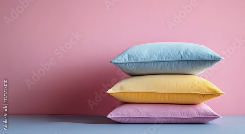 Soft pastel pillows arranged on a light surface against a pink background in ...