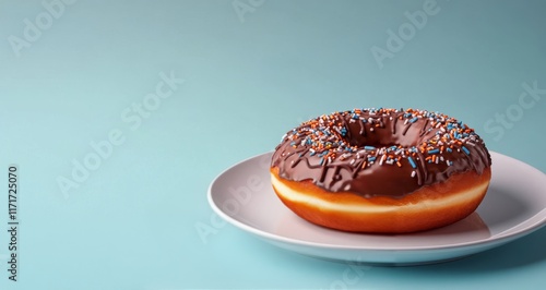Delicious chocolate frosted donut with colorful sprinkles on a white plate ag...
