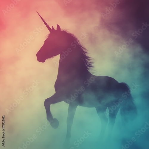 Mystical unicorn standing gracefully in ethereal fog during a colorful dawn