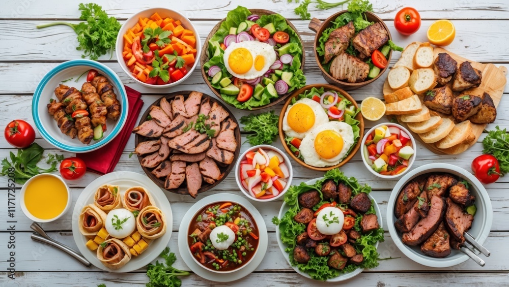 Exciting summer bbq picnic food display with copy space Exciting summer bbq picnic food display with copy space