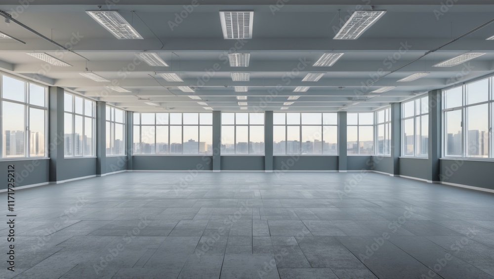 Expansive empty office space with large windows Expansive empty office space with large windows